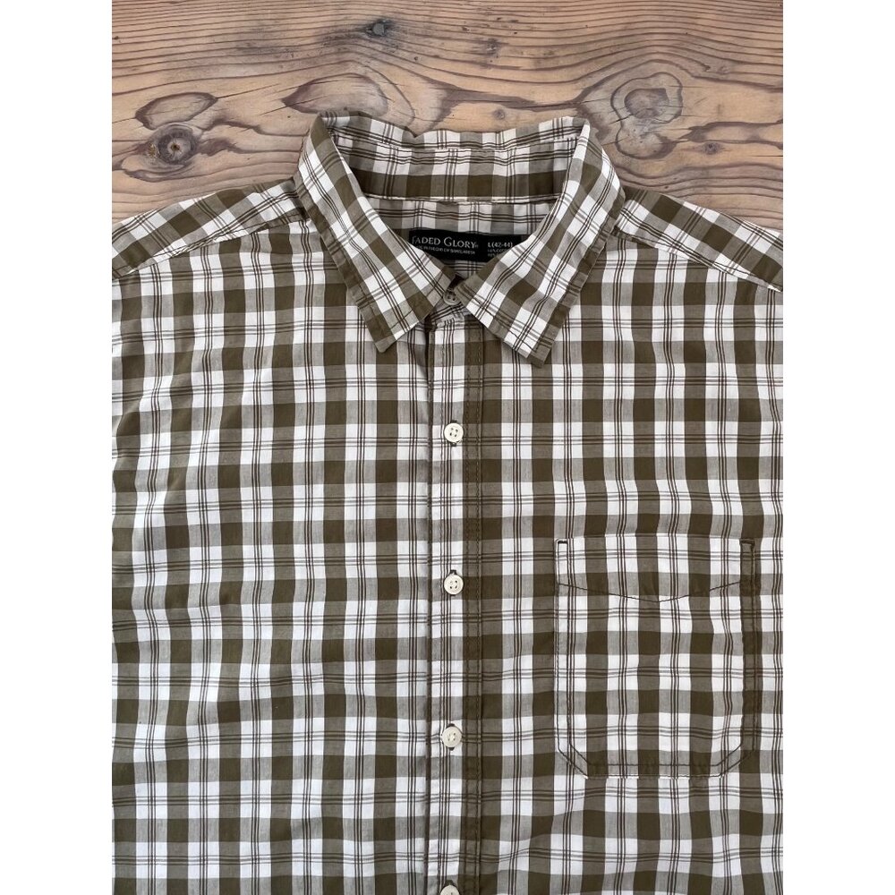 Faded Glory Button Up Shirt Mens L Green Plaid Short Sleeve
